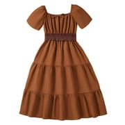 LUOGENLI Dress for Girls Big Children's Dress Girls' Summer Square Collar Short Sleeve Waist A Line Dress Girls Easter Dresses Size 10-12 Black Easter Dresses for Girls 7-8 Coffee 11-12 Years